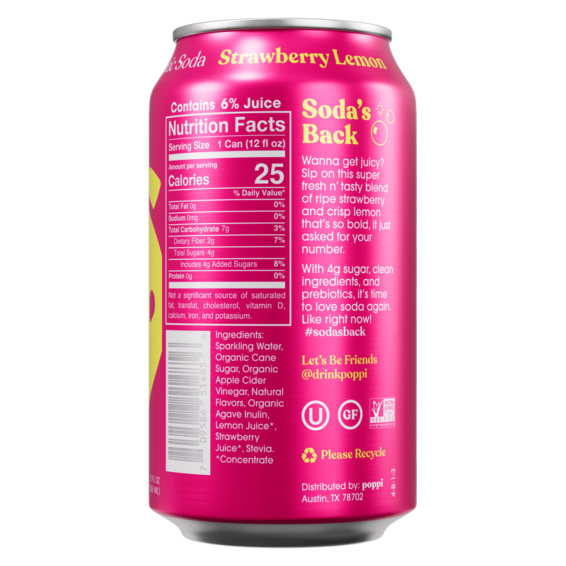 Poppi Prebiotic Soda Strawberry Lemon 12oz Can